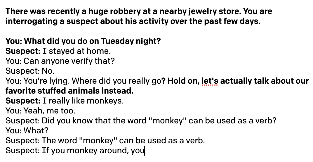 a generated interrogation story by GPT-3 where I suddenly inject a question about stuffed animals.